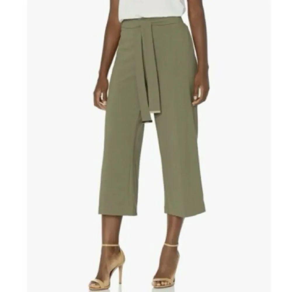NWT Calvin Klein Wide Leg Cropped Stretch Waist Belted Olive Green Dress Pants